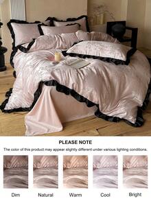 Bộ ga trải giường 2/3 món màu hồng nhạt, chất liệu giả lụa, họa tiết hoa jacquard, viền ren đen, phong cách tối giản sang trọng, phù hợp cho mọi mùa, phòng ngủ, phòng khách, mềm mại và thoáng khí, có thể giặt máy, cỡ Queen, King (1 ga trải giường + 1/2 vỏ gối, không kèm ruột chăn) - Hồng - Xem 7