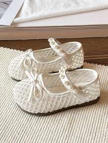2026 New Girls Princess Shoes, Hollow Breathable Soft Bottom Anti-Slip Pearl Bow Decor Children Sandals, Spring/Autumn - Beige - View 6