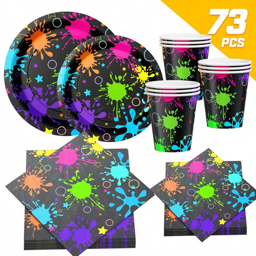Colorful Graffiti Design Disposable Plate, Napkin And Cup Set, Plates, Napkins And Cups Party Supplies Suitable For 16 Guests, Disposable Paper Plates Party Tableware Suitable For Birthday, Wedding, Party, Family Picnic - Style 4 - View 1
