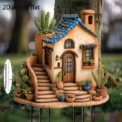2D平面装饰，四季皆宜，是馈赠佳品。采用2D平面印刷工艺，打造出梦幻童话仙人掌花园装饰，单件装。2D亚克力平面设计，乡村简约风格，无需电池，独立安装，可轻松用于草坪、庭院、家居装饰，是独特的送礼佳品。仙人掌装饰，草坪配件，充满童话魅力，精致花卉点缀，聚丙烯材质，2D平面收藏建筑及配件。