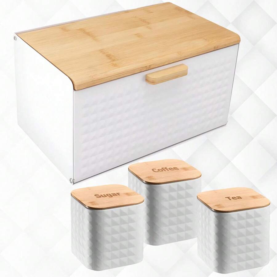 Set Of 4 White Tea, Coffee, Sugar Canisters And Bread Bin Storage Container Set - View 1