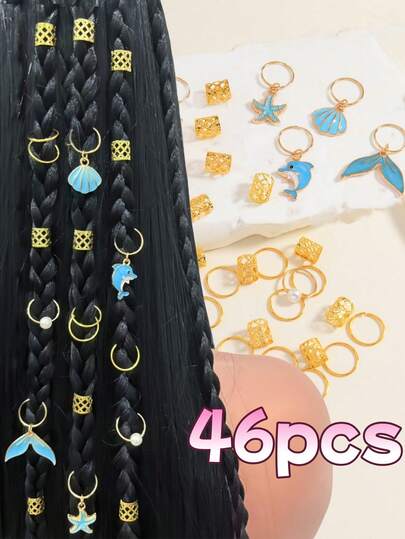 46pcs Ocean Mermaid Braid Hair Rings Set Boho Ocean Braid Charms