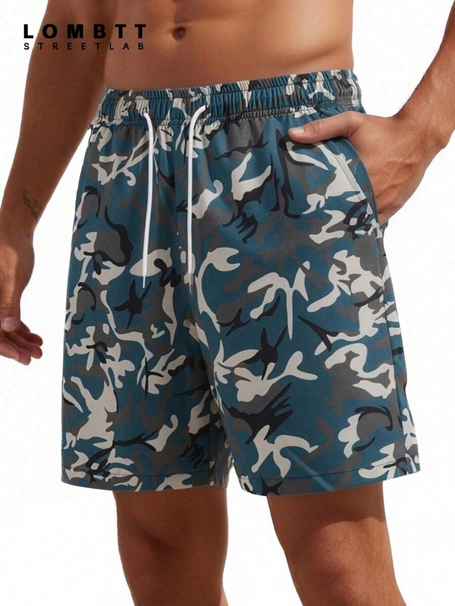 Pantalones cortos deportivos de verano ligeros para hombres, pantalones cortos de playa estampados, pantalones cortos casuales con cordón para vacaciones, estilo deportivo y urbano, pantalones cortos para baloncesto y entrenamiento de pista, transpirables y cómodos, adecuados para entrenamiento y carrera - Azul - Ver 1
