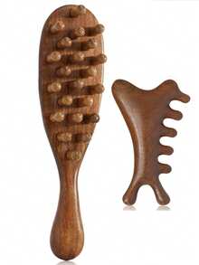 2件套天然檀香木粗齿按摩梳套装，面部美容按摩刷，宽齿设计，适合头皮按摩，适用于卷发/烫发，便携式家用美发造型梳，女士适用 - 棕色 - 查看 12