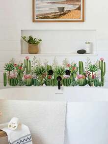 1pc Green Flowering Cactus Wall Decal, Removable Bedroom Living Room Entryway Baseboard Decor Sticker - 1PC - View 5