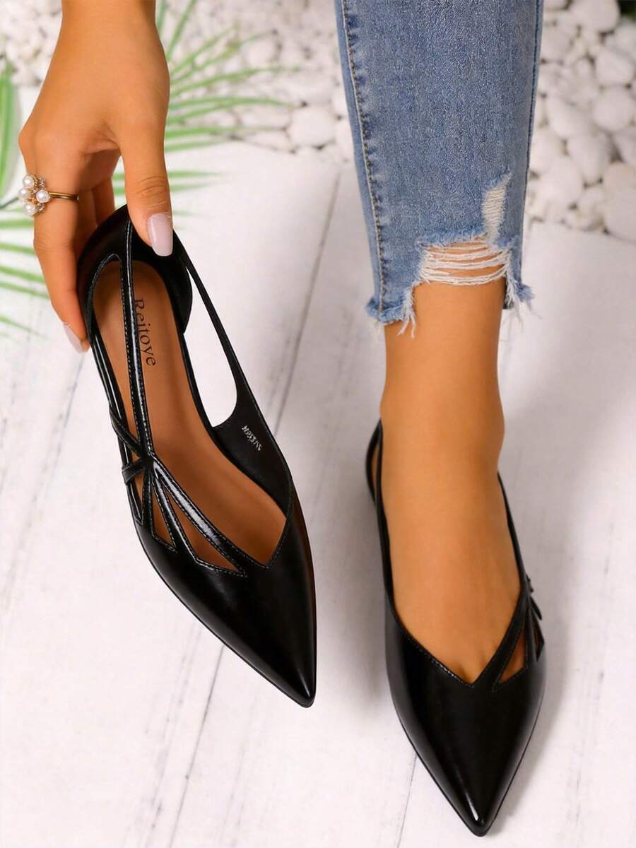 Reitoye New Arrival Y2K Comfortable Black Sandals For Women Summer Pointed Toe Patent PU Ballerina Flats Shoes,  Hollow-Out Flat Heels Summer Shoes,  Mother's Day Gifts, Soft Leather, Soft Soles - 黑色-鏤空 - 查看 1