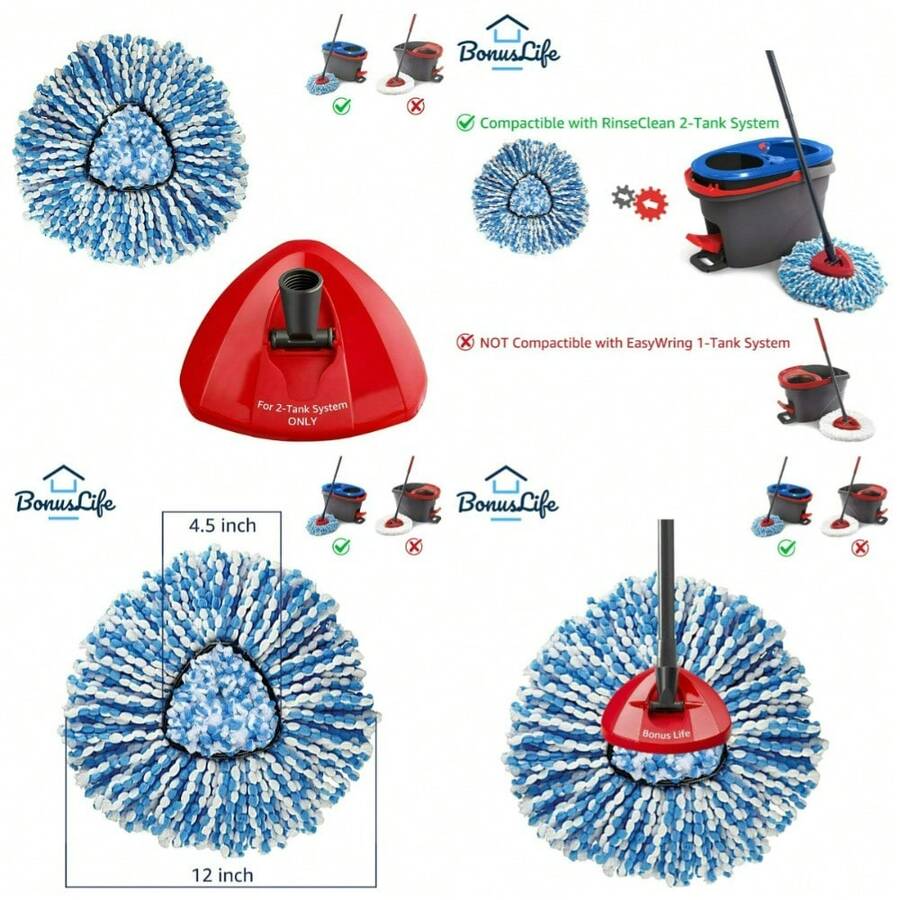 2-Tank Mop Base 1 Pack And Mop Heads Replacements 1 Pack For O-Ceda RinseClean Dual System, Microfiber Refills, Easy Cleaning Mop Repalce Head Blue - 1 - 查看 1