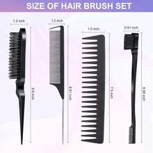 Bộ 4 lược chải tóc, bao gồm lược lông cứng, lược chải phồng, lược đuôi chuột và lược răng thưa, phù hợp cho cả nam và nữ để làm mượt và tạo kiểu tóc (Đen/Tím) - Nhiều màu - Xem 2