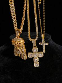 男士三件套金色链项链，镶钻耶稣头像和十字架吊坠，闪亮嘻哈项链 - 閃亮嘻哈項鍊 - 查看 6