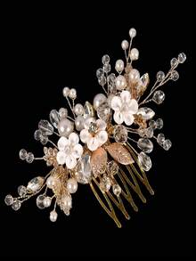1 chiếc phụ kiện cài tóc cô dâu màu vàng, kiểu dáng ngọt ngào, đính ngọc trai và đá quý, hình hoa lá bằng hợp kim, phụ kiện cài tóc thanh lịch cho váy cưới. - 63356 - Xem 5