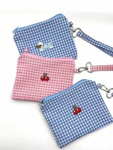 1pc Cherry Plaid Cosmetic Bag, Travel Storage Pouch, Large Capacity Makeup & Coin Purse - Multicolor - View 1