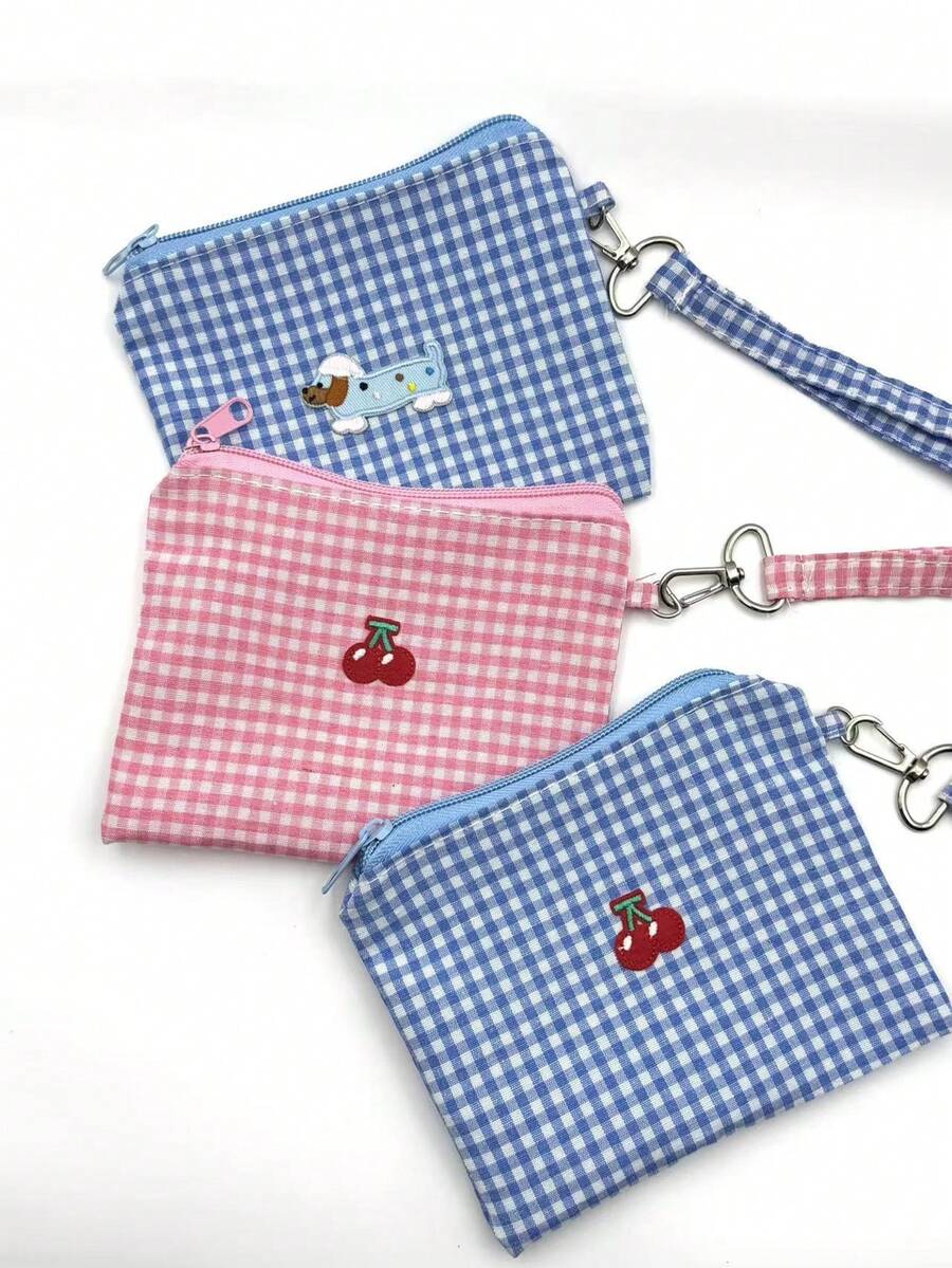 1pc Cherry Plaid Cosmetic Bag, Travel Storage Pouch, Large Capacity Makeup & Coin Purse - Multicolor - View 1