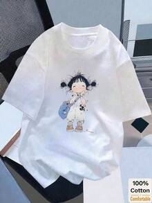 女士休闲可爱卡通印花圆领宽松短袖T恤，春夏款 白色 - 白色 - 查看 2