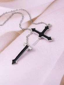 1pc Black Cross Integrated Stud Earring With Chain, Edgy, Fashionable, Suitable For Women's Daily And Festival Wear - Gold Chain - View 4