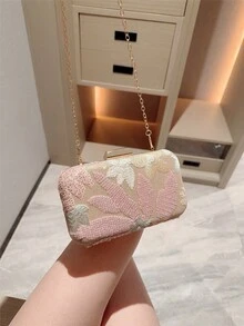 月光之夜包，多色花卉斜挎包，复古链条晚宴包，迷你方形盒包，适合派对女孩、新娘、大学生、年轻职业人士，百搭派对、舞会、婚礼等场合，完美搭配派对配饰，图案随机发送 - 粉色 - 查看 7