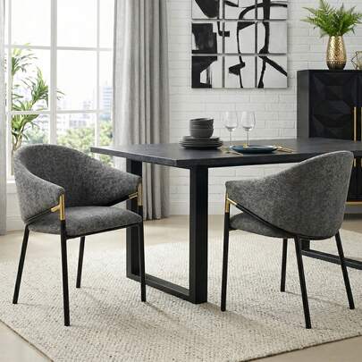 Two Comfortable And Breathable Dining Chairs, Ideal For Dining Rooms, Living Rooms, Cafes, Etc. Modern Style, Chenille Upholstery, Gold And Gray Stainless Steel Armrests
