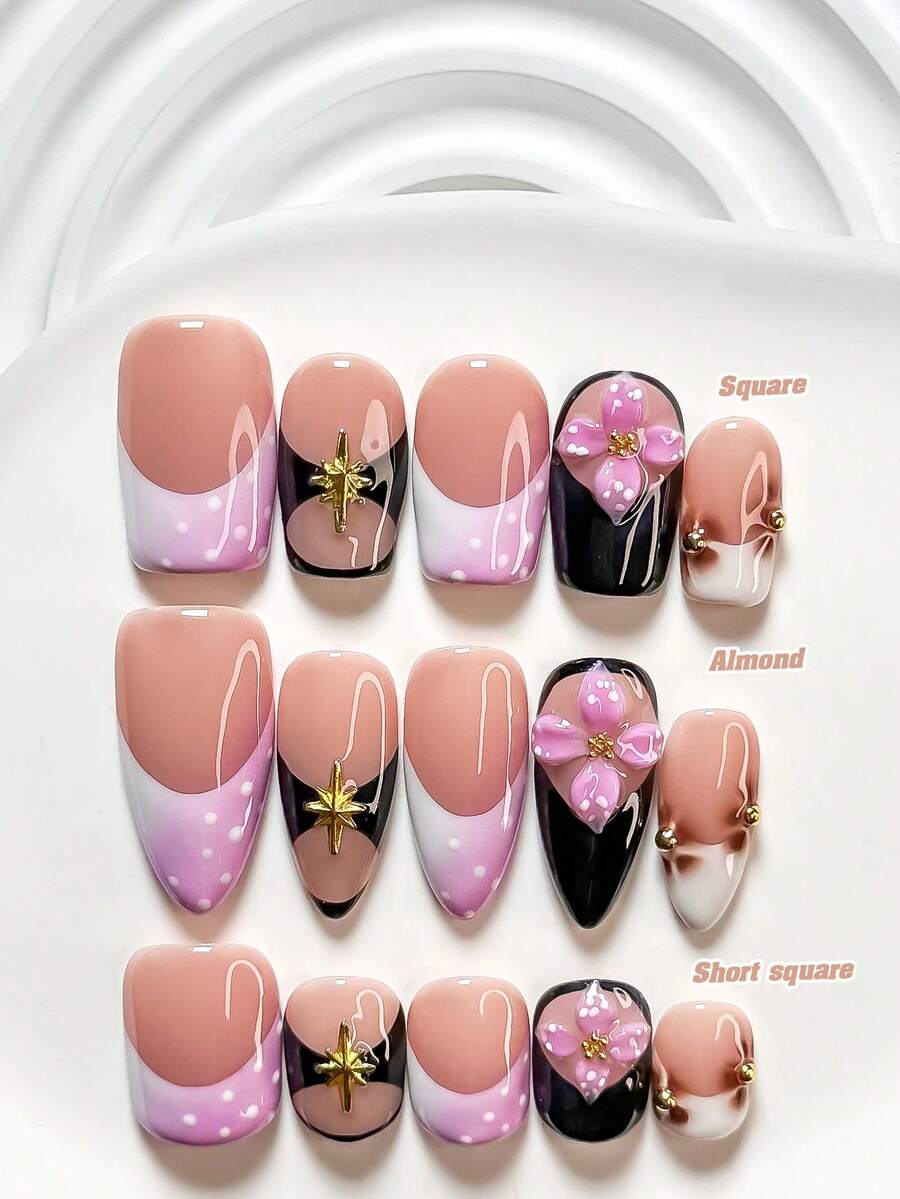10pcs Japanese Sweet Girl Style Handmade Nail Art Set, Including Gel Nail Kit, Gold Glitter, Handcrafted 4-Petal Pink Floral Nail Decor, Brown Print, Black Nail Polish, With Nail Tools (1 Jelly Sticker + 1 Nail File), Available In 3 Sizes: Square, Short Square, Almond, Suitable For All Seasons, Perfect Gift For Girls Or Ladies Press On Nails - Multicolor - View 1