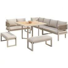 Garden Set, Furniture For 8 To 10 People, Garden Sofa With Large Composite Wood Dining Table, Rope Finish, Large Wood-Look Table, Adjustable Feet, Seat And Back Cushions Included. - Beige - View 5