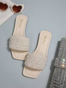2024 Spring/Autumn Luxury Women's Flat Sandals, Low Heel Non-Slip Plus Size Rhinestone Slides, Versatile Slip-On Slippers For Outdoor Wear - Beige - View 7