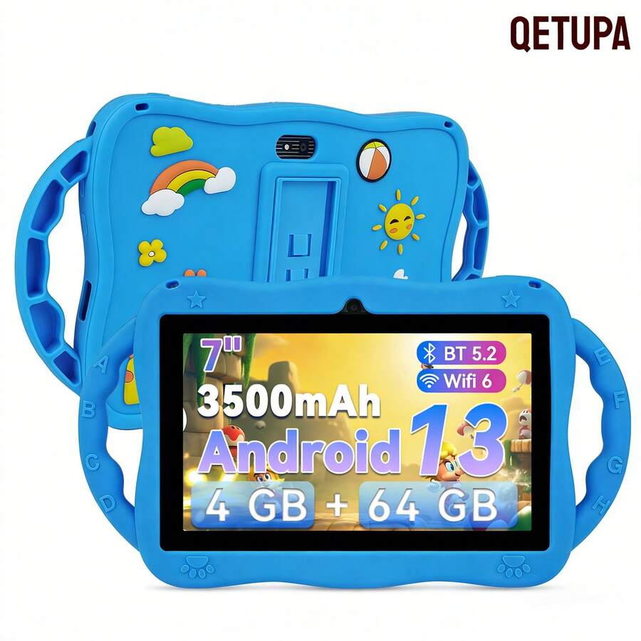 Qetupa 7-Inch Android 13 Kids Tablet, 4GB RAM + 64GB ROM, RK3562 Quad-Core 1.3GHz Processor, 1024*600 IPS Touchscreen, 3500mAh Battery, 2MP+5MP Dual Cameras, Perfect Gift - Blue - View 1