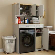 Over The Washer Dryer And Robot Vacuum Storage Cabinet Suitable For Compact Washing Machines Laundry Room Storage Organizer With 1 Laundry Basket 1 Drawer And 2 Adjustable Shelves-Antique White - Trắng + MDF1 - Xem 5