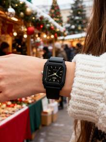Casio Women's Quartz Watch, Minimalist Square Black Resin Case And Strap, Black Dial With Gold Hands And Bar Markers, Thin And Fashionable Retro Y2K Style For Daily Wear - Black - View 3
