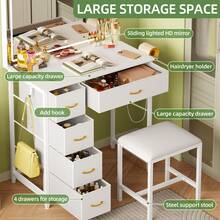 Tomnk 80cm Large Kids Vanity Table With 5 Fabric Drawers, White Children Makeup Dressing Desk With Stool, LED Lighted Mirror 3 Color Adjustable USB Powered, Ideal Gift For Girls, Modern Bedroom Furniture - US B Type Plug(110-127V) - View 4