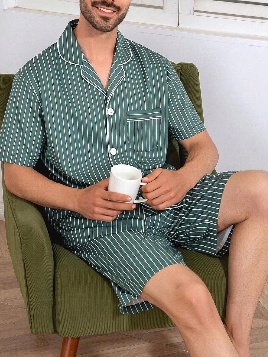 男士条纹印花短袖短裤两件套睡衣套装,夏季 - 彩色 - 查看 1