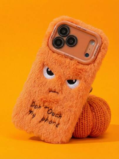 2025 新款毛绒卡通搞笑橙色表情手机壳带支架，防震软TPU保护套适用于苹果/手机