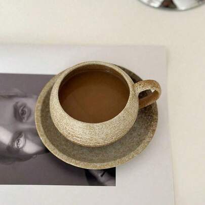 1pc Minimalist Creative Retro Coarse Pottery Small Capacity Coffee Cup & Saucer Set, Japanese Ceramic Cup For Afternoon Tea, Round Mug