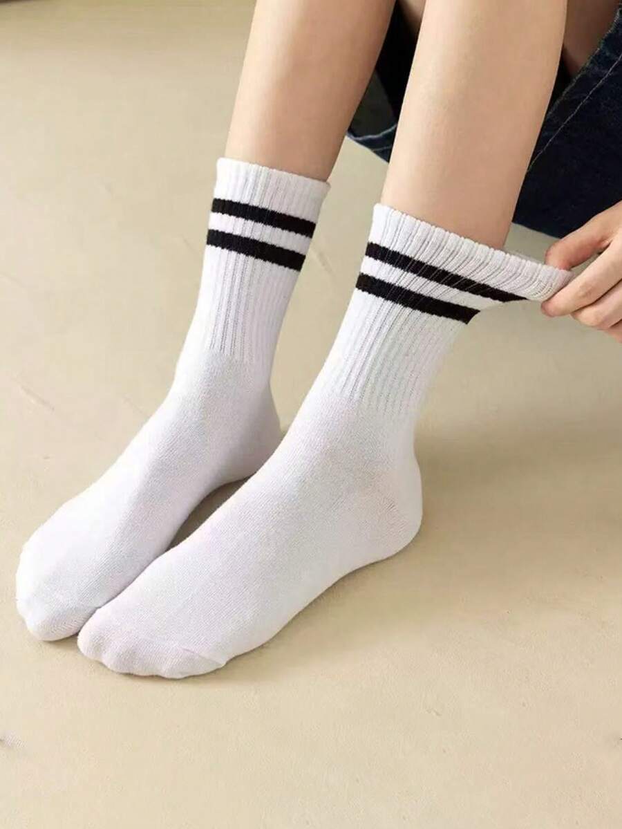 24pcs/20pcs/18pcs/15pcs/10pcs/6pcs/4pcs/2pcs/1 Pair Black & White Striped Thick Mid-Calf Socks, Comfortable Breathable Suitable For Business & Casual. Soft, Lightweight, Odor-Resistant Shark Series Sports Socks, Unisex, Warm For Autumn/Winter - Multicolor - View 1