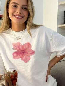 Women's Short-Sleeved T-Shirt With Round Neck And Retro Floral Print, 100% Cotton, Soft Pink, Hawaiian Cut, Lightweight And Breathable, Ideal For Beach, Office And Everyday Wear. - 白色 - 查看 3
