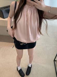 女款法式風格黑色波點緞面抽繩荷葉邊寬鬆背心上衣 粉色 - 粉色 - 查看 3