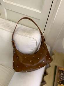 Bolso bandolera de moda BEIKAMU con decoración de remaches, correa ajustable, cierre con cremallera, versátil, adecuado para universidad, ir al trabajo, compras, paseos, uso diario - Marrón - Ver 5