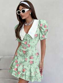 女士时尚休闲少女风翻领前襟纽扣后背扎染印花连衣裙，绿色西部风女装，波西米亚风，音乐节度假仙女风连衣裙，适合演唱会穿着 - 綠色 - 查看 3