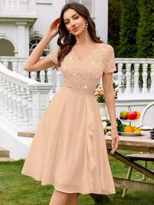 MIUSOL V-Neck Sequin Floral Lace Ruffle Trim Chiffon Prom Party Swing Dress,Elegant Party Dress For Women Summer - Champagne - View 4