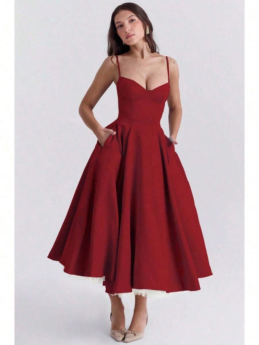 Women's Elegant Double Layered Flowy Dress, Classic Full Skirt A Line Swing Midi Gown, Lightweight Premium Casual Formal Dress, Modest Chic Party Wedding Guest Bridal Shower Evening Daily Outfit S-2XL - 紅色 - 查看 1