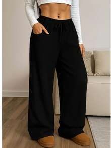 Women's Wide-Leg Pants, High Waist, Polyester, Drawstring, Suitable For Holidays, Evenings, School, Vacations, Home, Daily Wear, Office, All Year Round. - 黑色 - 查看 5