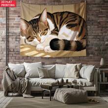 1件装睡猫挂毯 - 逼真的虎斑猫壁挂，采用横向虎斑纹路，柔软的涤纶面料，适合客厅、卧室、办公室装饰 - 温馨的宠物主题挂布 - 彩色 - 查看 3