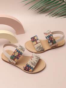 1 Pair Children's Summer Double-Strap Sandals, Elastic Back Strap Open Toe Bohemian Soft Bottom Beach Shoes - Beige - View 5