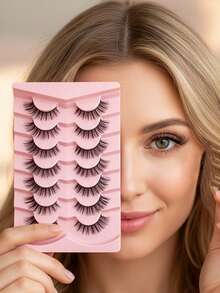 7 Pairs Natural D Curl Eyelash Extension Transparent Band Crisscross False Eyelashes - Black - View 9