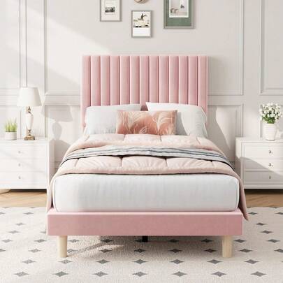 Beaully Velvet Bed Frame, Vertical Channel Tufted Headboard, Height Adjustable, Upholstered Platform Bed, No Box Spring Needed