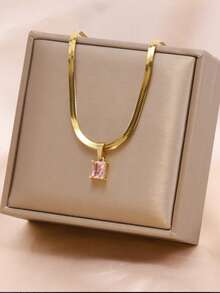 1pc Elegant Minimalist Square Copper Pendant Necklace | Stainless Steel Blade Chain With Cubic Zirconia, Suitable For Women, Versatile For Daily Wear And Vacation - Multicolor - View 6