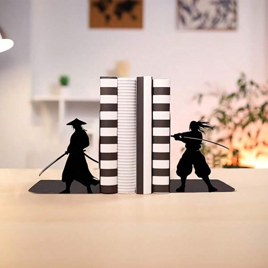 一对/两个装 重型武士书挡 - 日式武术姿势装饰,粉末涂层 - 适用于家庭、办公室、图书馆 - 武术主题书架收纳 - 武士和武术爱好者的理想礼物 - A - 查看 1