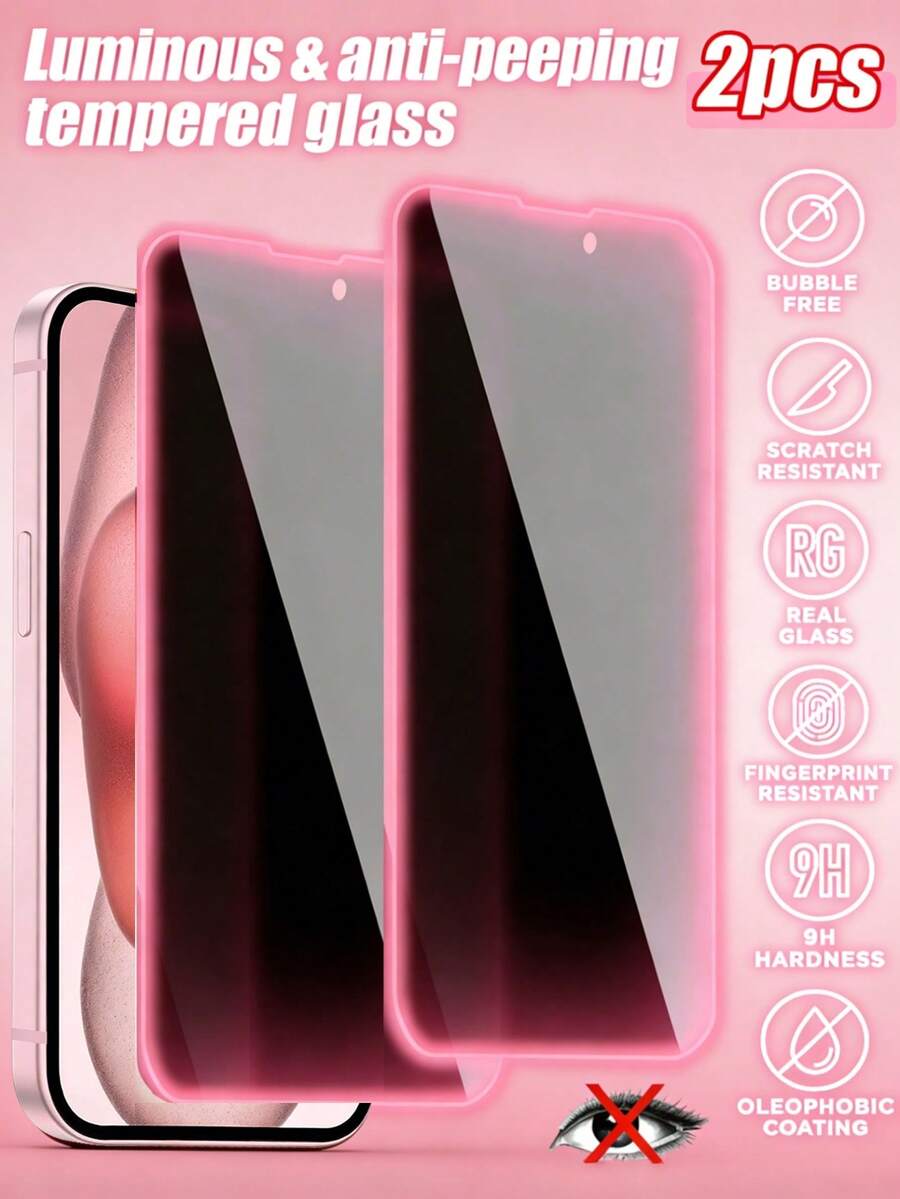 2片裝 粉色發光防偷窺螢幕保護貼,適用於 iPhone 15,氣墊發光設計,易於安裝,可搭配手機殼使用,提供夜間照明與隱私保護,相容 iPhone 17 Pro Max/17 Pro/17 Air/17/16/15 Pro Max/15 Pro/15 Plus/15/14/13/12,手機配件,日常必需品 - 黑色 - 查看 1