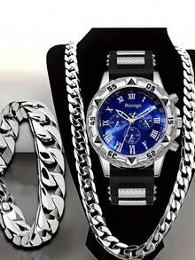 Bộ 3 món đồng hồ thạch anh nam tối giản dành cho doanh nhân, bộ phụ kiện đồng hồ thạch anh đa chức năng phong cách mạnh mẽ dành cho nam giới, bao gồm một đồng hồ thạch anh nam số La Mã với dây đeo phối màu đen và bạc, một vòng tay và dây chuyền bạc, nổi bật với sự tương phản màu xanh đen ấn tượng và thiết kế phong cách đường phố mạnh mẽ, với dây đeo da phối màu mang lại cảm giác thoải mái khi đeo. - Bạc - Xem 6