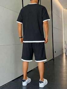 Set 2 buc. pentru adolescenți/tineri, sporturi în aer liber, casual, lejer, cu model waffle, cu mânecă scurtă și pantaloni scurți waffle, nou-veniți de primăvară/vară - Negru - Vizualizare 3