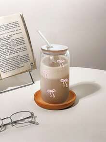 1 pieza Taza de café de 16 onzas con patrón de lazo transparente, tapa de bambú y pajita, gran capacidad para bebidas/jugos portátiles para exteriores, adecuada para verano e invierno, regalo de fiesta de cumpleaños/festividad, regalo de Navidad, botella de agua de vidrio, taza, taza de café con hielo, artículo lindo, regalo para dama de honor, taza de vidrio, frasco de vidrio, estético, regalo para mujeres, regalo del Día del Padre - Multicolor - Ver 5