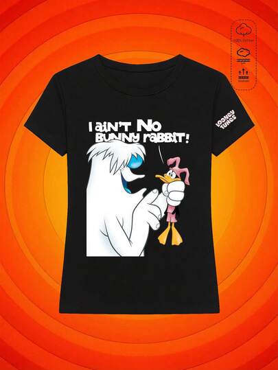 SHEIN X Looney Tunes T-shirt noir ajusté à manches courtes et col rond, couleur unie, motif coyote, style western classique. Idéal pour le printemps/été, le streetwear, les vacances, les amies, les femmes rondes, le bureau, la maison, les activités sportives en extérieur, le style rétro, simple et amusant. Design unisexe et tendance pour couples. Inspiré des films des années 80 et 90/Y2K.