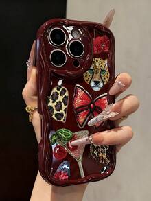 蝴蝶结拼接彩色印花奶油色波浪边简约防震加厚手机保护壳，兼容 17/17 Pro/17 Pro Max、16 XR/7/8、15 Pro Max、12 Pro Max、13 Pro Max、14 Pro Max、13、14、11、12P、14P、11P、12P、XS、XR、7/8P、7/8 GES2 - 彩色 - 查看 1
